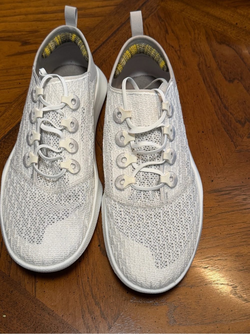 allbirds Men's White Knit Athletic Sneakers with Yellow Inner Trim